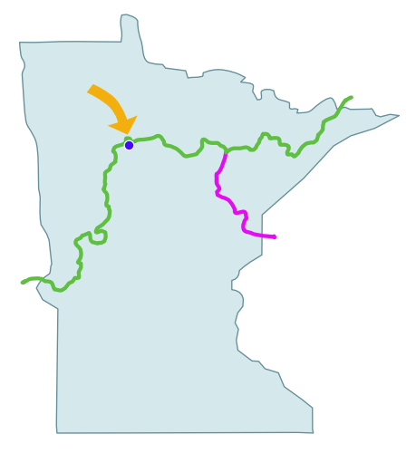 outline of state of Minnesota with continental divide lines and location of Molnar Gardens